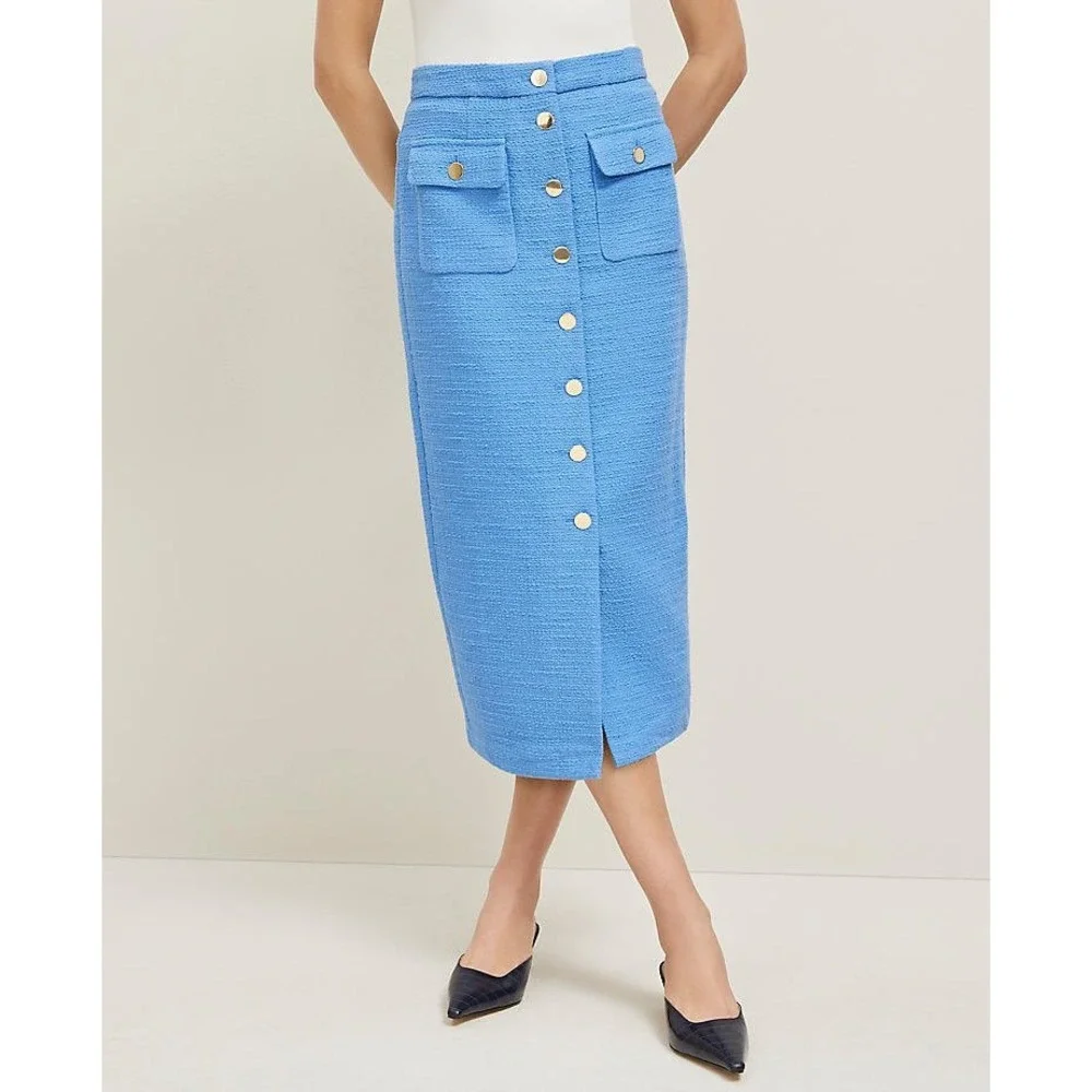 Ann Taylor Maritime Blue Tweed Gold Button Front Midi Pencil Skirt Size 10P